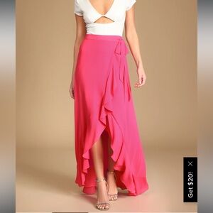Lulu’s Genuine Happiness Hot Pink Ruffled High-Low Wrap Maxi Skirt XS